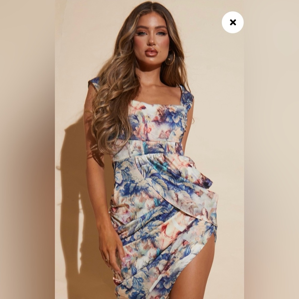 Prettylittlething Multi Satin Renaissance Print Midi Dress NWT Size 0